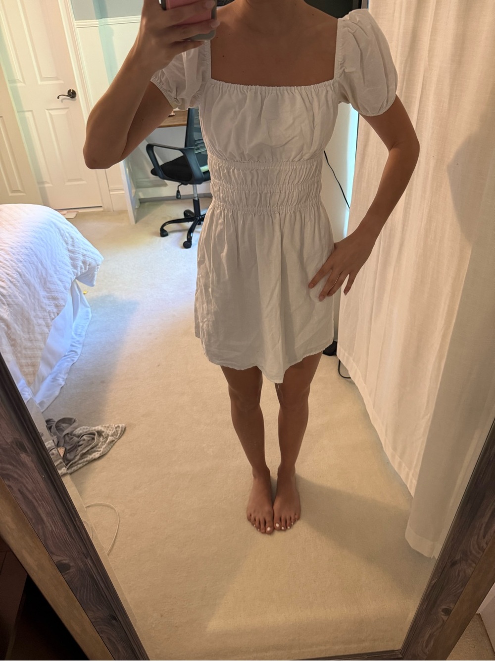 Peppermayo White Smocked Mini Dress with Puff Sleeves